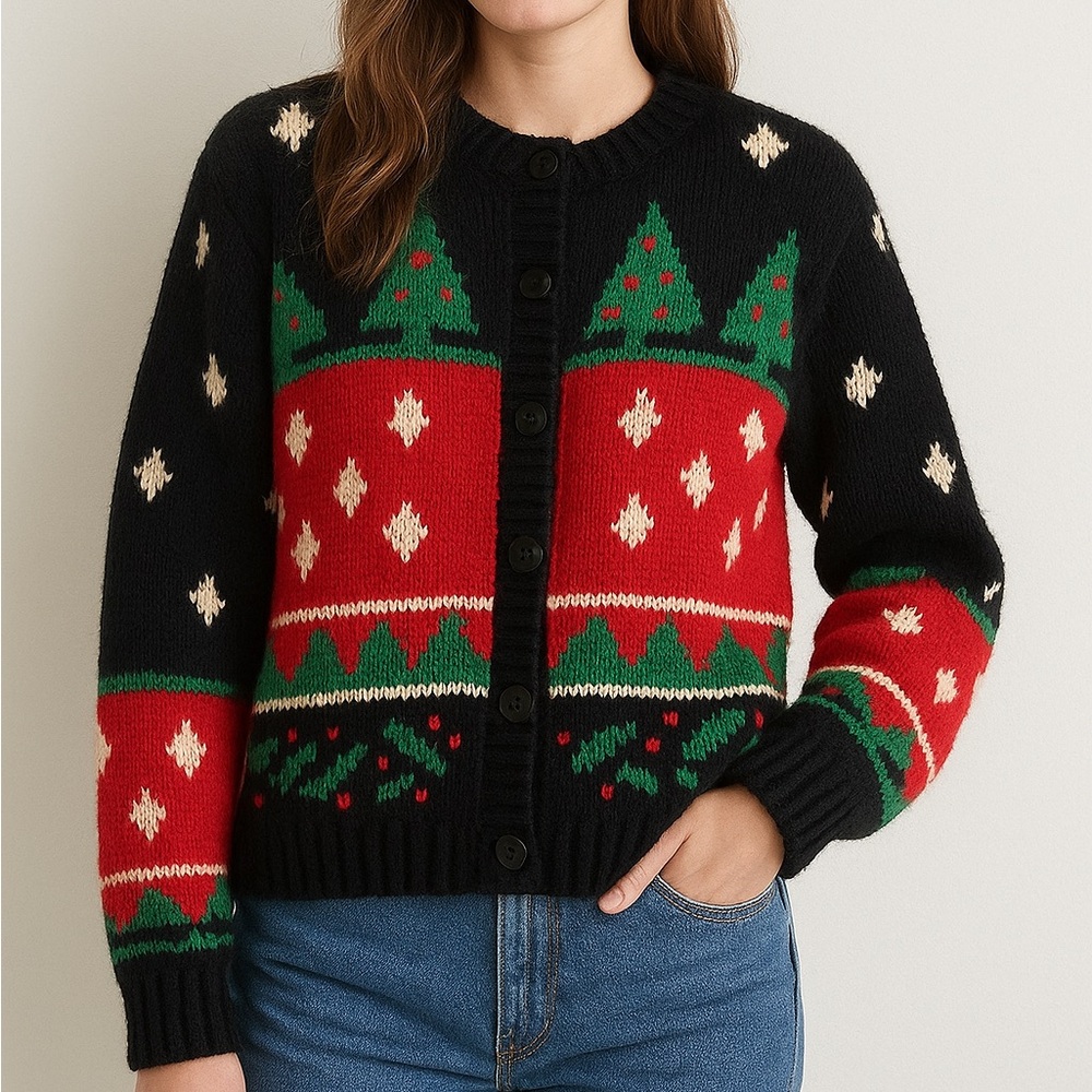 Vintage Lord & Taylor Cozy Christmas Tree,snow flakes, Cardigan sweater. 
Sz M